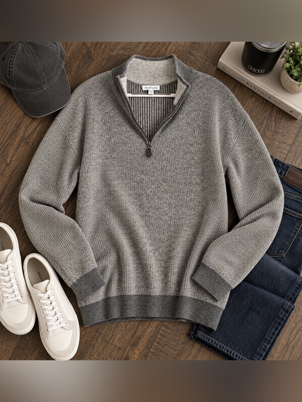 Belford Men’s 100% Cashmere Gray Ribbed Quarter Zip Sweater XXL